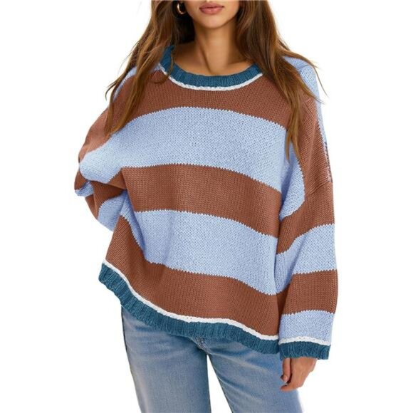 Sweaters - Womens Oversized Sweaters Casual Long Sleeve Striped Color Block